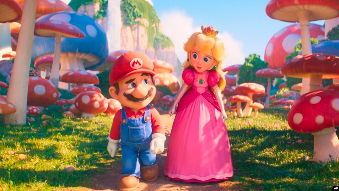 This image released by Nintendo and Universal Studios shows Mario, voiced by Chris Pratt, left, and Princess Peach, voiced by Anya Taylor-Joy, in Nintendo's "The Super Mario Bros. Movie." 