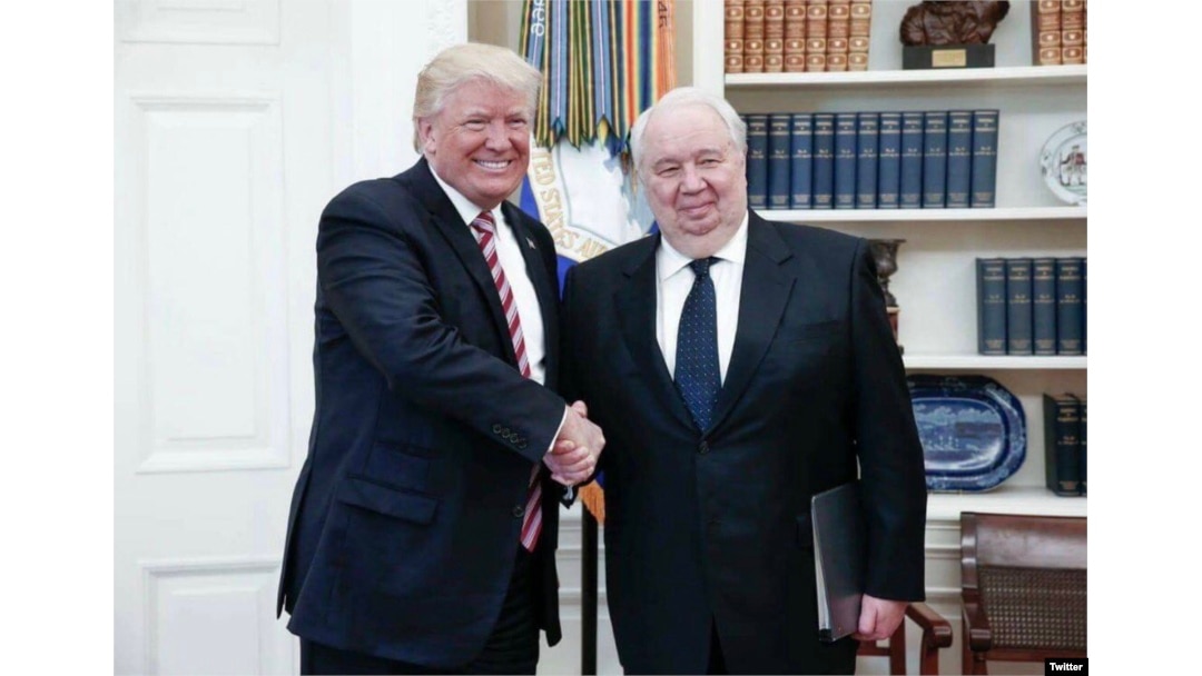 President Donald Trump shakes hands with Russia’s ambassador to the U.S., Sergei Kislyak in this photo tweeted by the Russian embassy.