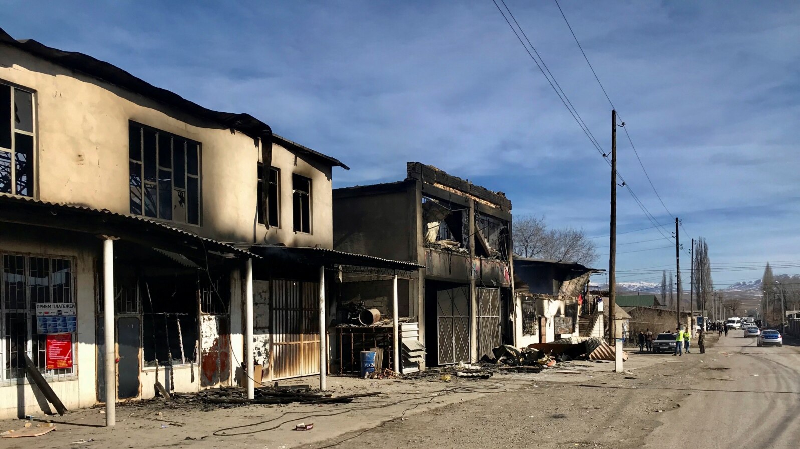 A view shows buildings burned during a series of clashes in Masanchi village in Zhambyl province, Kazakhstan, Feb. 8, 2020. 