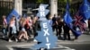 FILE: A pro-Brexit supporter is seen outside the Parliament in London.