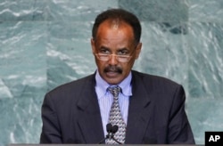 FILE - President Isaias Afwerki of Eritrea addresses the 66th session of the U.N. General Assembly at U.N. headquarters, Sept. 23, 2011.
