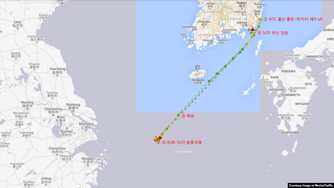 지난해 4월 21일부터 5월 25일 사이 '피 파이어니어 ' 호의 항적. MarineTraffic 제공.