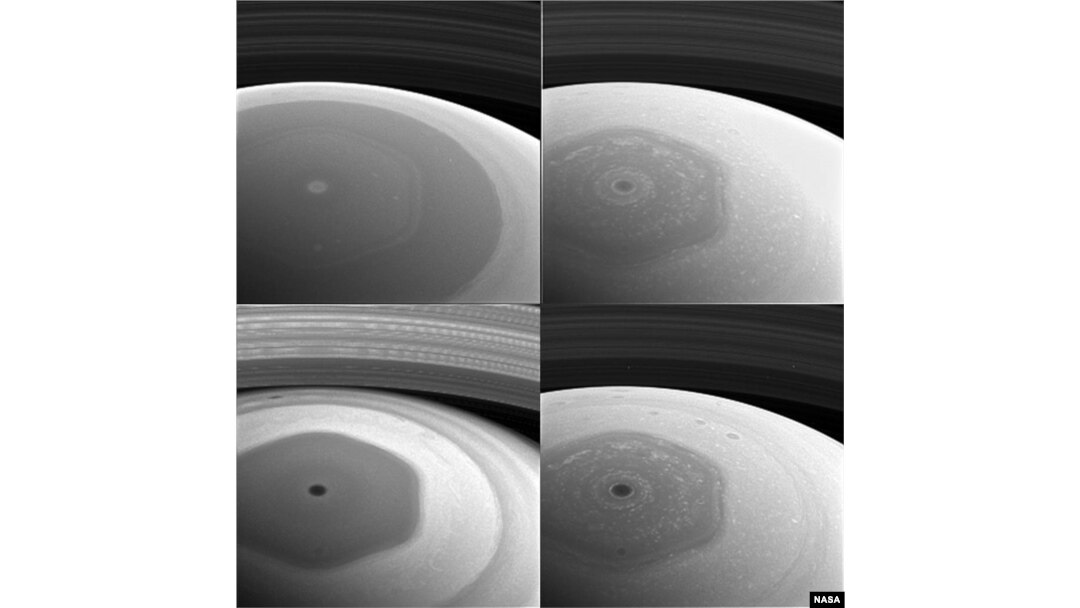 This collage of images from NASA's Cassini spacecraft shows Saturn's northern hemisphere and rings as viewed with four different spectral filters.