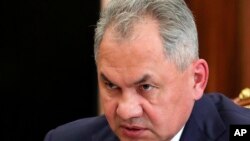Russian Defense Minister Sergei Shoigu speaks to President Vladimir Putin during their meeting in the Kremlin in Moscow, July 4, 2019.