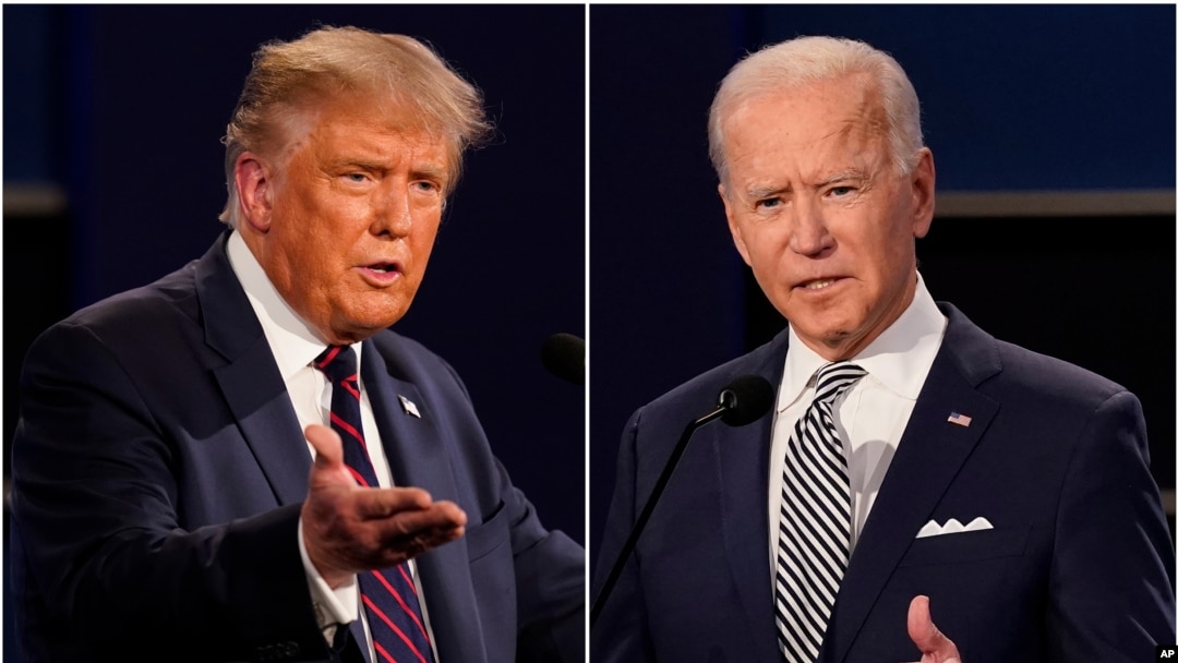 FILE - President Donald Trump, left, and former Vice President Joe Biden are seen during the first presidential debate at Case Western University and Cleveland Clinic, in Cleveland, Ohio, in this combination of Sept. 29, 2020, photos.