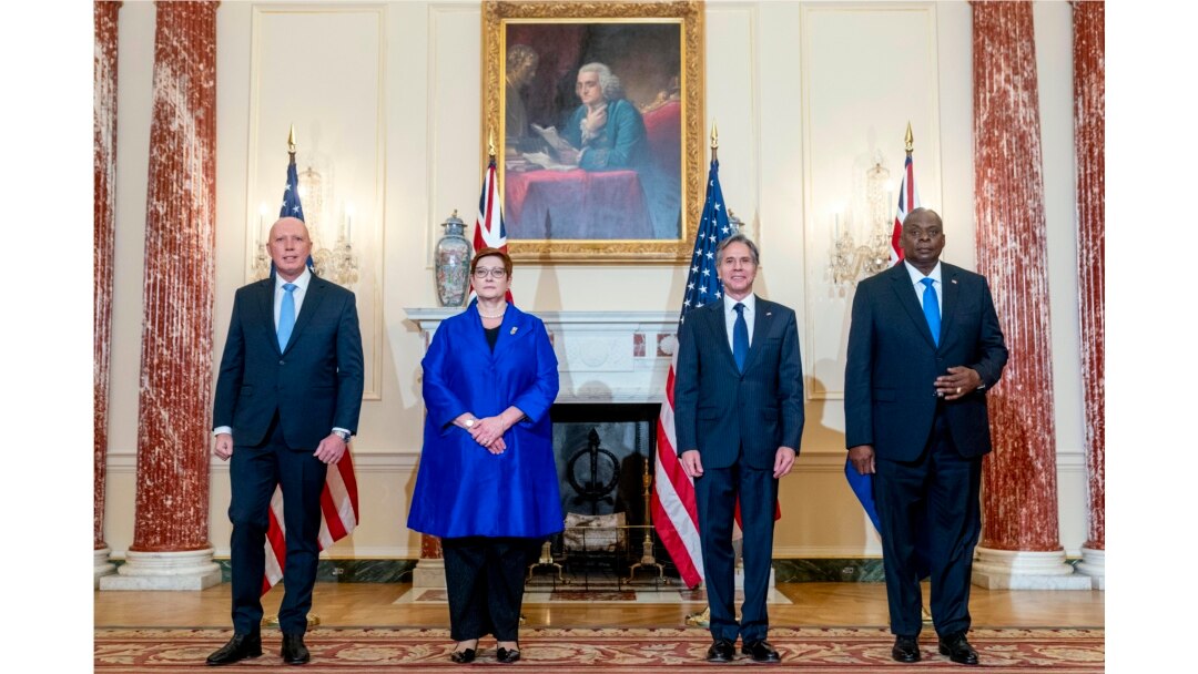 From left, Australian Minister of Defense Peter Dutton, Australian Foreign Minister Marise Payne, Secretary of State Antony Blinken, and Defense Secretary Lloyd Austin pose for a group photograph at the State Department in Washington, Thursday, Sept. 16,