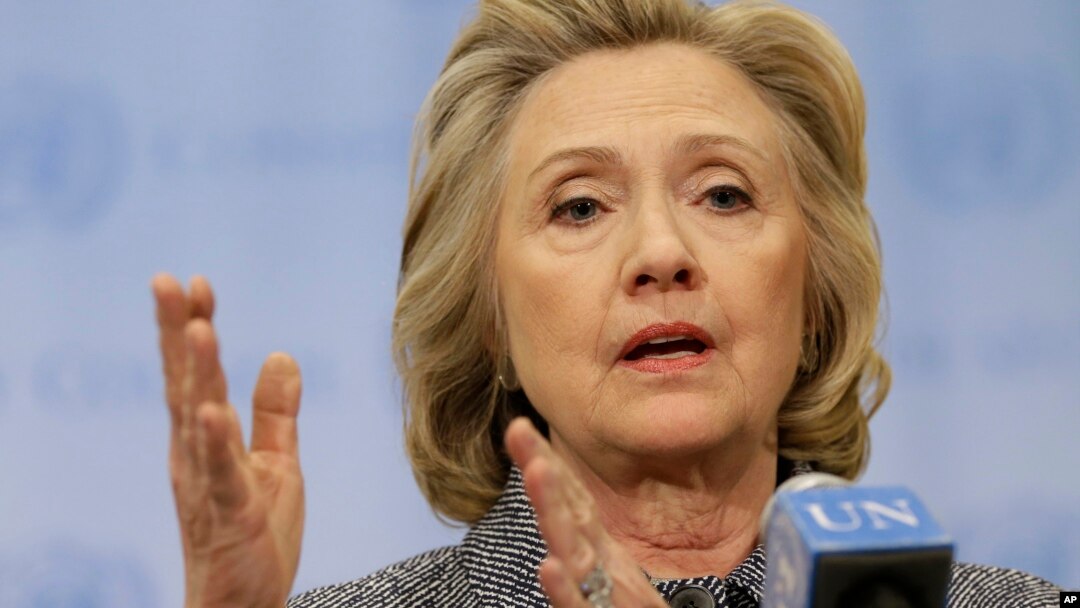 FILE - Hillary Rodham Clinton speaks to reporters at United Nations headquarters in New York, March 10, 2015.
