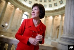 FILE - Sen. Susan Collins, R-Maine, finishes a television news interview on Capitol Hill in Washington, March 28, 2017.