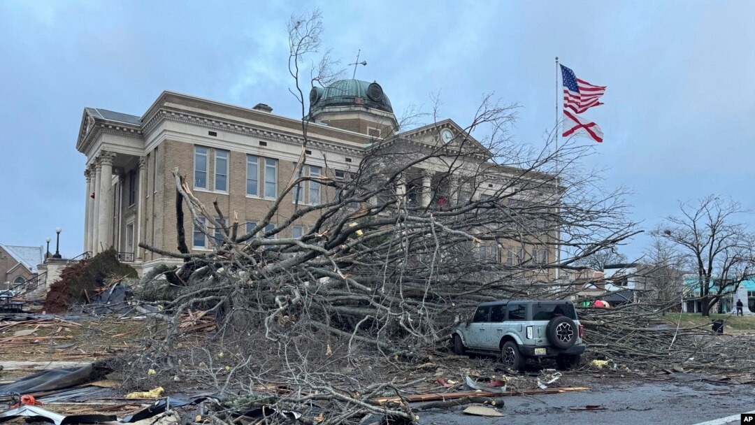 Damage from a storm through that rolled through the night before is seen at the heart of downtown, Dec. 29, 2024, in Athens, Alabama.
