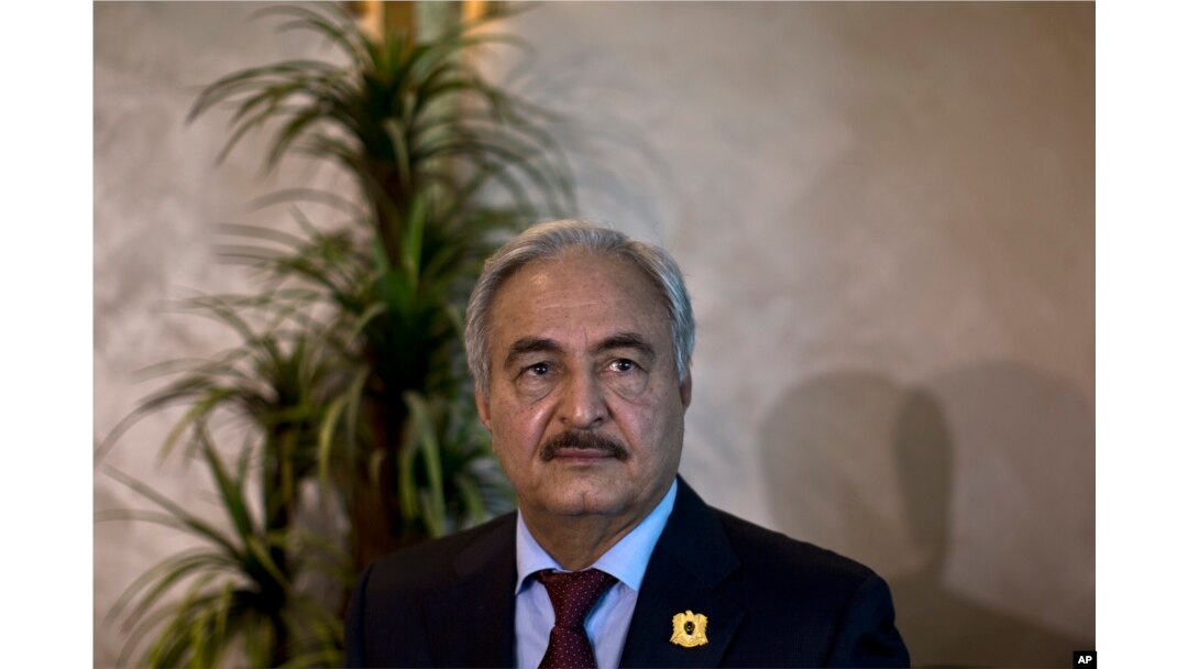 FILE - Gen. Khalifa Hifter, military chief of Libya's internationally recognized government, shown in Amman, Jordan, Aug. 24, 2015.