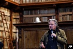 FILE - Former White House strategist Steve Bannon delivers a speech at Rome's Angelica Library, March 21, 2019.
