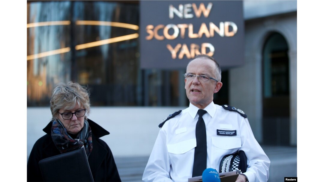 Assistant Commissioner Mark Rowley from the Metropolitan Police and Chief Medical Officer Sally Davies make a statement to the press concerning Sergei Skripal and his daughter, Yulia, who were poisoned by a nerve agent in the center of Salisbury.