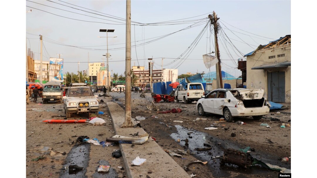 FILE - A general view shows the scene of an explosion in Mogadishu, Somalia, Nov. 9, 2018.