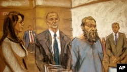 In this courtroom sketch, Muhanad Mahmoud Al Farekh, third from left, appears in federal court in New York April 2, 2015. Authorities say he traveled from Canada to Pakistan to train with al-Qaida, planning to kill American soldiers.