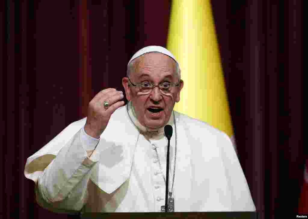 Pope Francis speaks during a meeting with Mehmet Gormez, head of Turkey's Religious Affairs Directorate, (not pictured), in Ankara, Nov. 28, 2014.