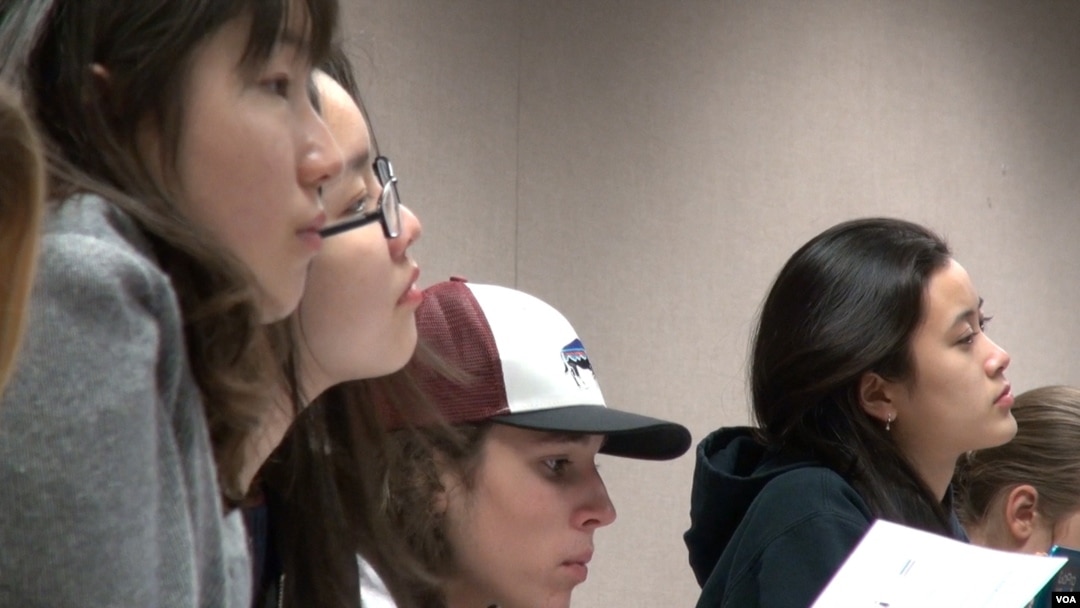 Women computer science students are seen in class at Harvey Mudd College in California.