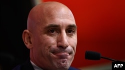 (FILES) Spanish Royal Football Federation (RFEF) president Luis Rubiales gives a press conference on November 19, 2019 at Las Rozas football sports city near Madrid.
