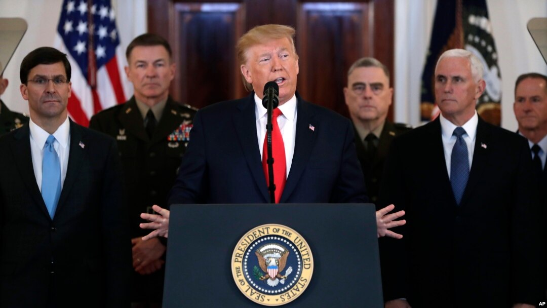 President Donald Trump addresses the nation from the White House on the ballistic missile strike that Iran launched against Iraqi air bases housing U.S. troops, Wednesday, Jan. 8, 2020. (AP Photo/ Evan Vucci)