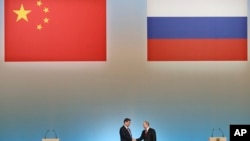Presidenti i Kinës, Xi Jinping shtrëngon duart gjatë një takimi me homologun rus, Vladimir Putin