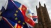 Anti-Brexit protesters hold onto their flags and placards as they demonstrate outside the Houses of Parliament in London, March 26, 2019.