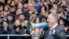 Ukrainian President Petro Poroshenko speaks to a crowd ahead of the presidential elections on upcoming April 21, at the Olympic stadium in Kyiv, April 14, 2019.