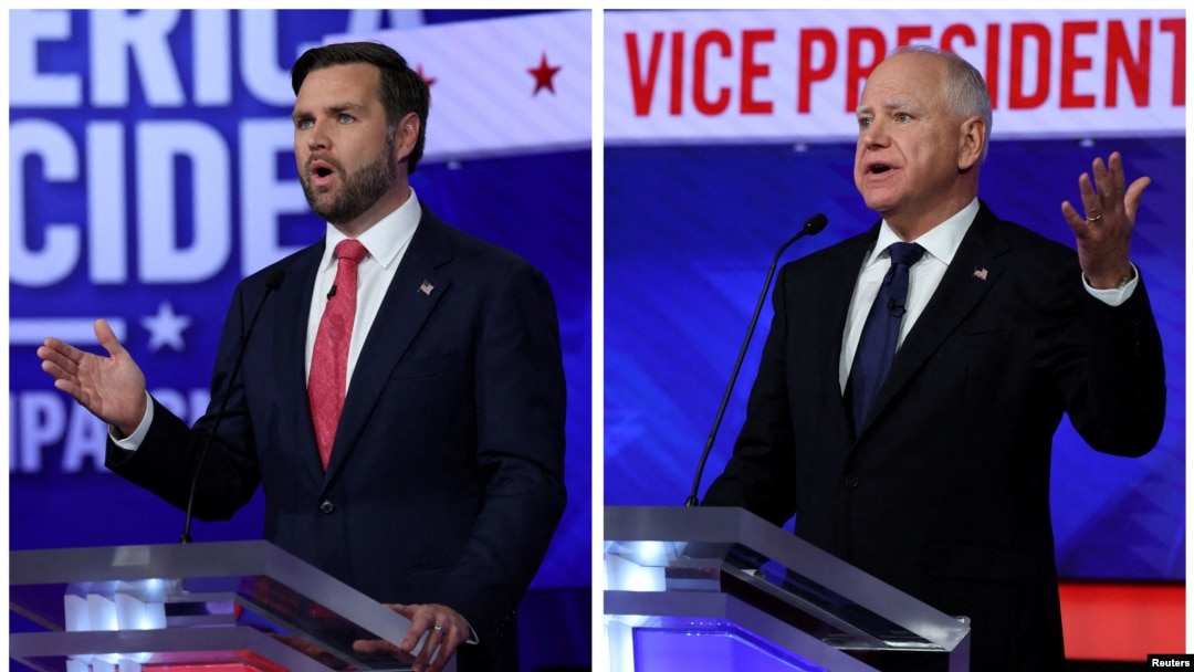 Imagen combinada del candidato republicano a la vicepresidencia, el senador JD Vance (R-OH), en debate con el candidato demócrata a la vicepresidencia, el gobernador de Minnesota, Tim Walz, organizado por CBS en Nueva York, EEUU, el 1 de octubre de 2024.