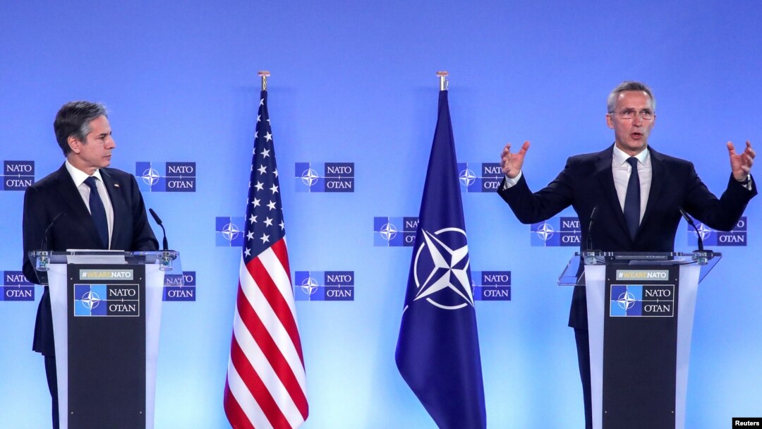 U.S. Secretary of State Antony Blinken, left, and NATO Secretary General Jens Stoltenberg attend a news conference at a NATO Foreign Ministers' meeting at the Alliance's headquarters in Brussels, Belgium, March 23, 2021.