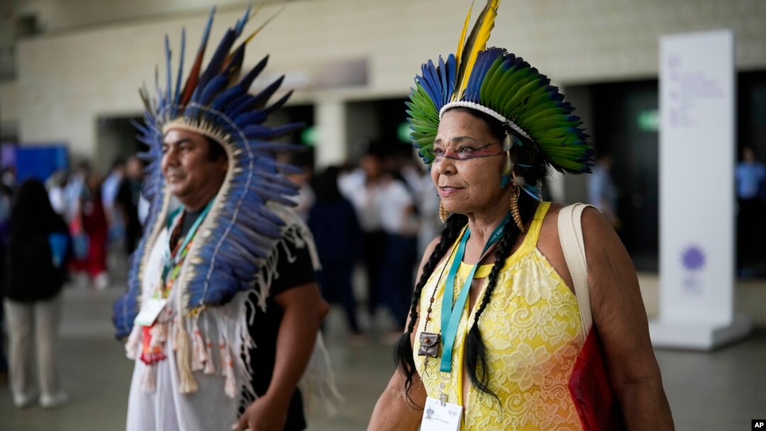 Members of Brazil's Indigenous delegation arrive to the opening ceremony of COP16, a United Nations' biodiversity conference, in Cali, Colombia, Oct. 20, 2024.
