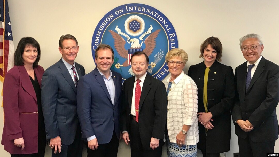 Members of the U.S. Commission on International Religious Freedom (from left): Nadine Maenza, Tony Perkins, Johnnie Moore, Gary Bauer, Gayle Manchin, Kristina Arriaga and Tenzin Dorjee. (USCIRF) 