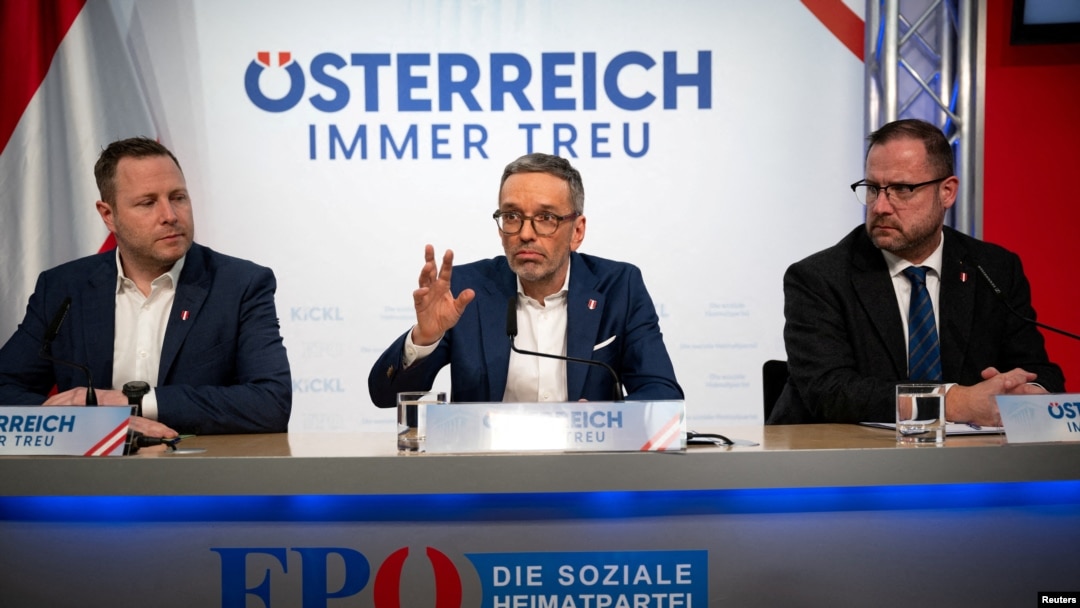 Head of Austria's far-right Freedom Party Herbert Kickl gives a press statement after ending coalition talks with People’s Party in Vienna, Austria, Feb. 12, 2025. 