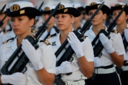 Members of the French military 'Ecole du personnel paramedical des armees' practice for Bastille Day Parade, this year being replaced by a tribute to health workers, Paris, July 12, 2020.