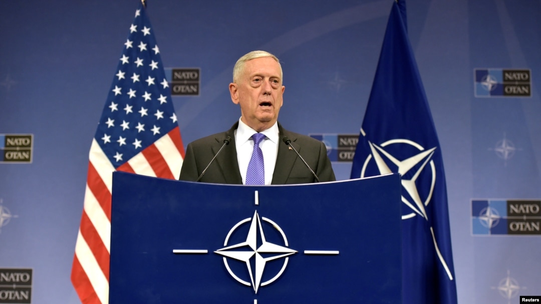 FILE - U.S. Secretary of Defense Jim Mattis gives a news conference after a NATO defense ministers meeting at the Alliance headquarters in Brussels, Belgium, June 29, 2017. 