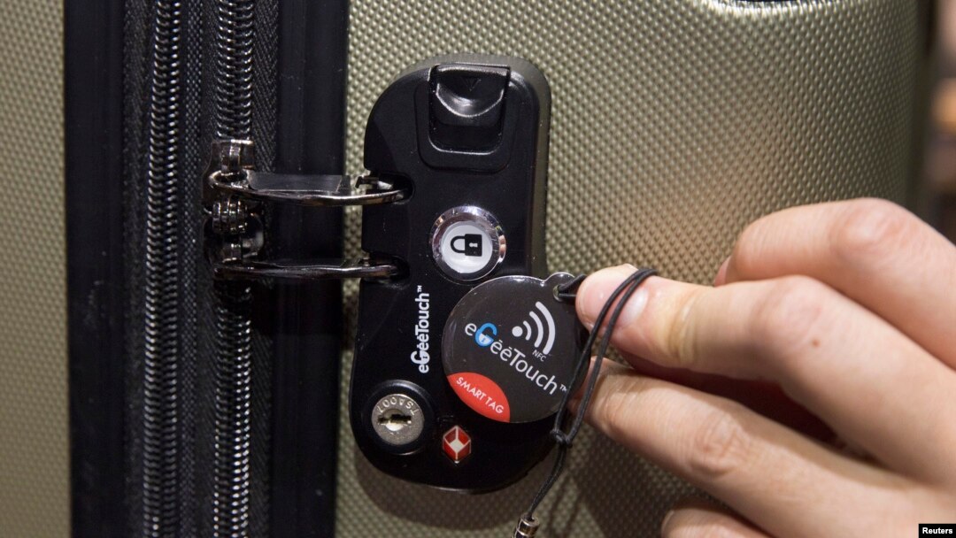 FILE - An eGeeTouch smart luggage lock is displayed during the 2015 International Consumer Electronics Show (CES) in Las Vegas, Nevada Jan. 4, 2015.