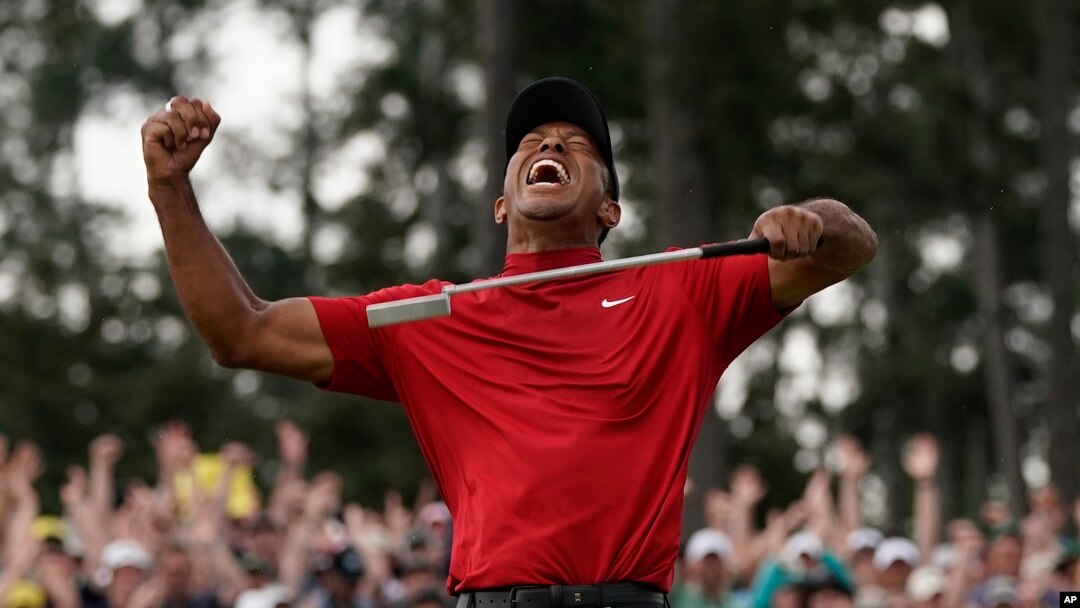Tiger Woods reacts as he wins the Masters golf tournament Sunday, April 14, 2019, in Augusta, Ga. 