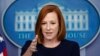 Pòtpawòl Mezon Blanch la, Jen Psaki, reponn kesyon laprès pandan yon rankont ak medya yo nan Washington, lendi 18 okt. 2021 an. 