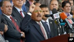 FILE - Former Yemeni President Ali Abdullah Saleh speaks during a ceremony to celebrate the 35th anniversary of the founding of the Popular Conference Party, in Sanaa, Yemen, Thursday, Aug. 24, 2017.