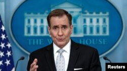 John Kirby speaks at a press briefing at the White House in Washington