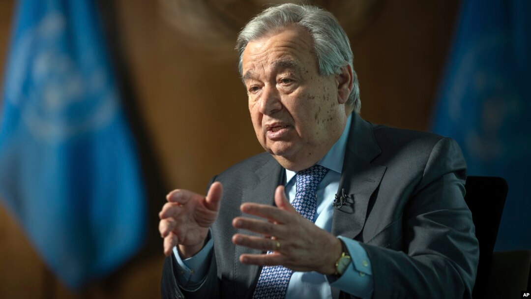 United Nations Secretary-General Antonio Guterres speaks during interview at the UN Headquarters, Jan. 20, 2022, in New York. 