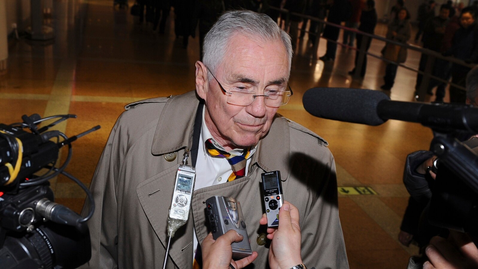 FILE - Donald Gregg, a former U.S. ambassador to South Korea, shown speaking to reporters in Beijing after a visit to North Korea in February 2014, says U.S.-South Korea relations “are in no danger at all" because of an attack on Ambassador Mark Lippert.