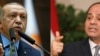 FILE - This combination of pictures shows, at left, a photo released by the Turkish President Office of President Recep Tayyip Erdogan in Ankara on Oct. 23, 2018, and, at right, Egyptian President Abdel Fattah al-Sisi in Cairo on Jan. 28, 2019.