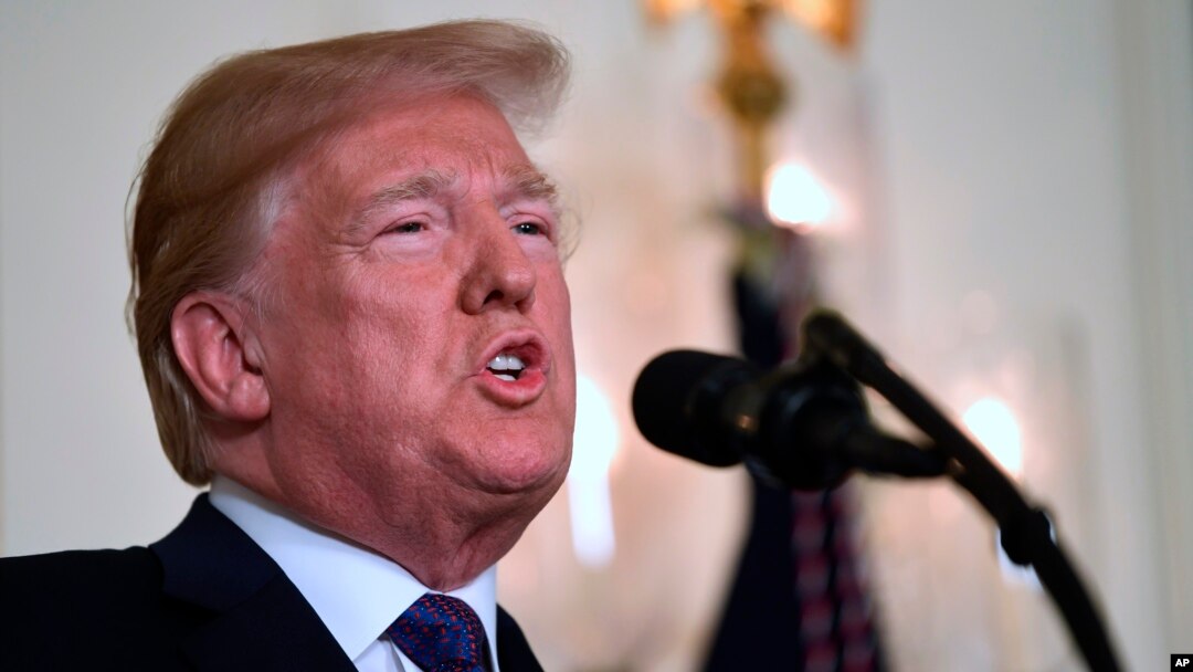 President Donald Trump speaks in the Diplomatic Reception Room of the White House on, April 13, 2018, in Washington, about the United States' military response to Syria's April 7 chemical weapons attack.