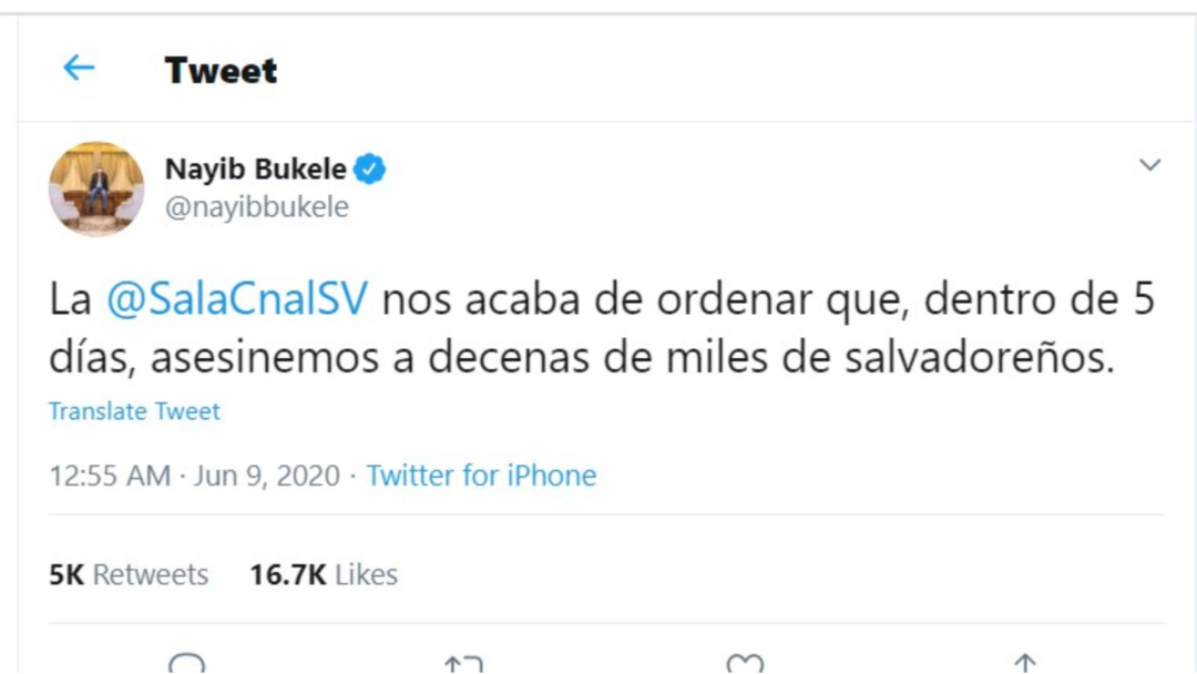El presidente de El Salvador, Nayib Bukele, dijo en su cuenta de Twitter que la decisión de la Sala de la Constitucional es una orden para "asesinar" a miles de salvadoreños.