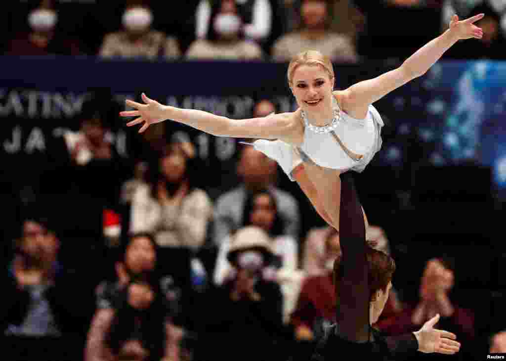 Russia&#39;s Evgenia Tarasova and Vladimir Morozov are seen in action during the Pairs Free Skating at the ISU World Figure Skating Championships, Saitama Super Arena, Saitama, Japan.