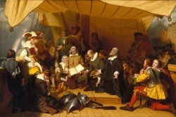 The Embarkation of the Pilgrims (1857), a romanticized painting by Robert Walter Weir at the United States Capitol in Washington, D.C.