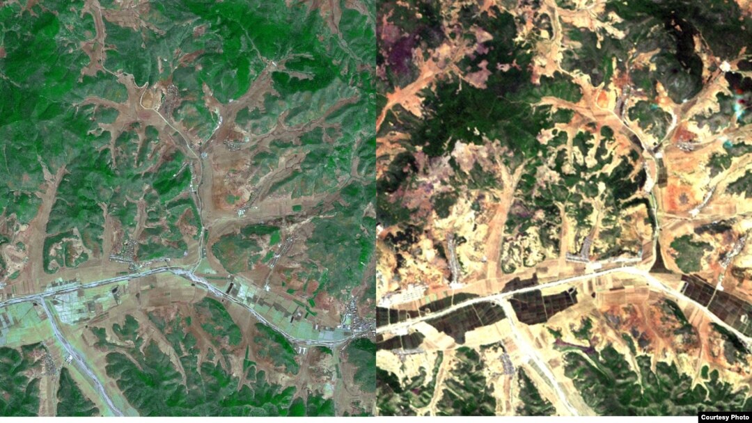 북한 평양지역의 산림 위성사진을 분석한 결과 2005년에 비해 2012년 녹지가 급격히 줄어들고, 산림황폐화가 이미 상당부분 진행 중인 것으로 확인됐다. 한국 산림청이 공개한 북한 평양지역의 2005년(왼쪽)과 2012년의 산림 위성사진. (자료사진)