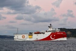 FILE - Turkish seismic research vessel Oruc Reis sails in the Bosphorus in Istanbul, Turkey, Nov. 12, 2018.